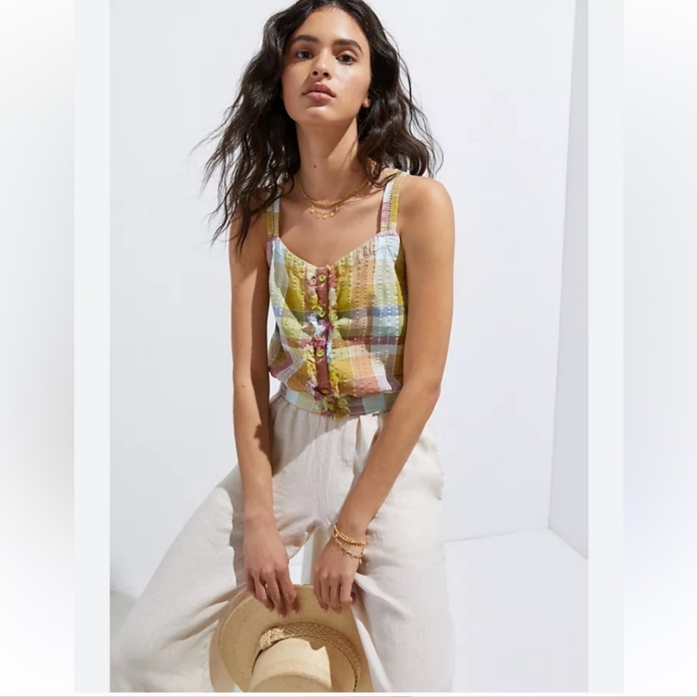 NEW Anthropologie Pilcro Plaid Crop Top Tank Strappy Buttoned Pink Green Blue